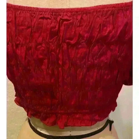 Dark Red Square Neck Ruffled Lantern Sleeve Cropped Top NWT Size L - Picture 8 of 10